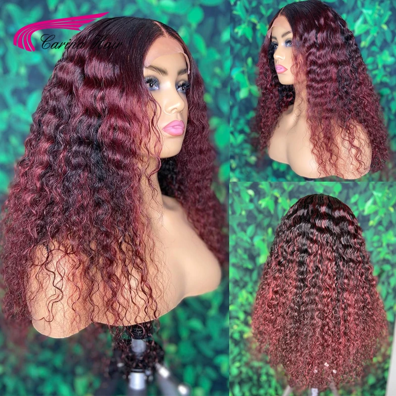

Red Highlight Color Curly Human Hair Wigs 180% Colored Red Burgundy Brazilian Remy Lace Frontal Wig Pre Plucked For Women