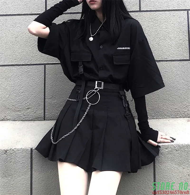 

Single / Set Summer Korean Versatile Dark Loose BF Shirt Top Women Fashion Two Piece Set Skirt Jupe Dropshipping