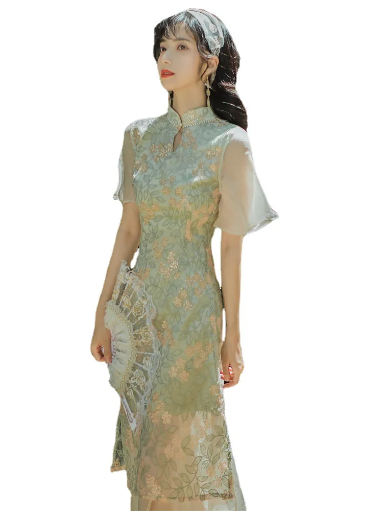 

French retro Chinese style dress women's summer first love modified bone-crushing cheongsam 2021 new young model