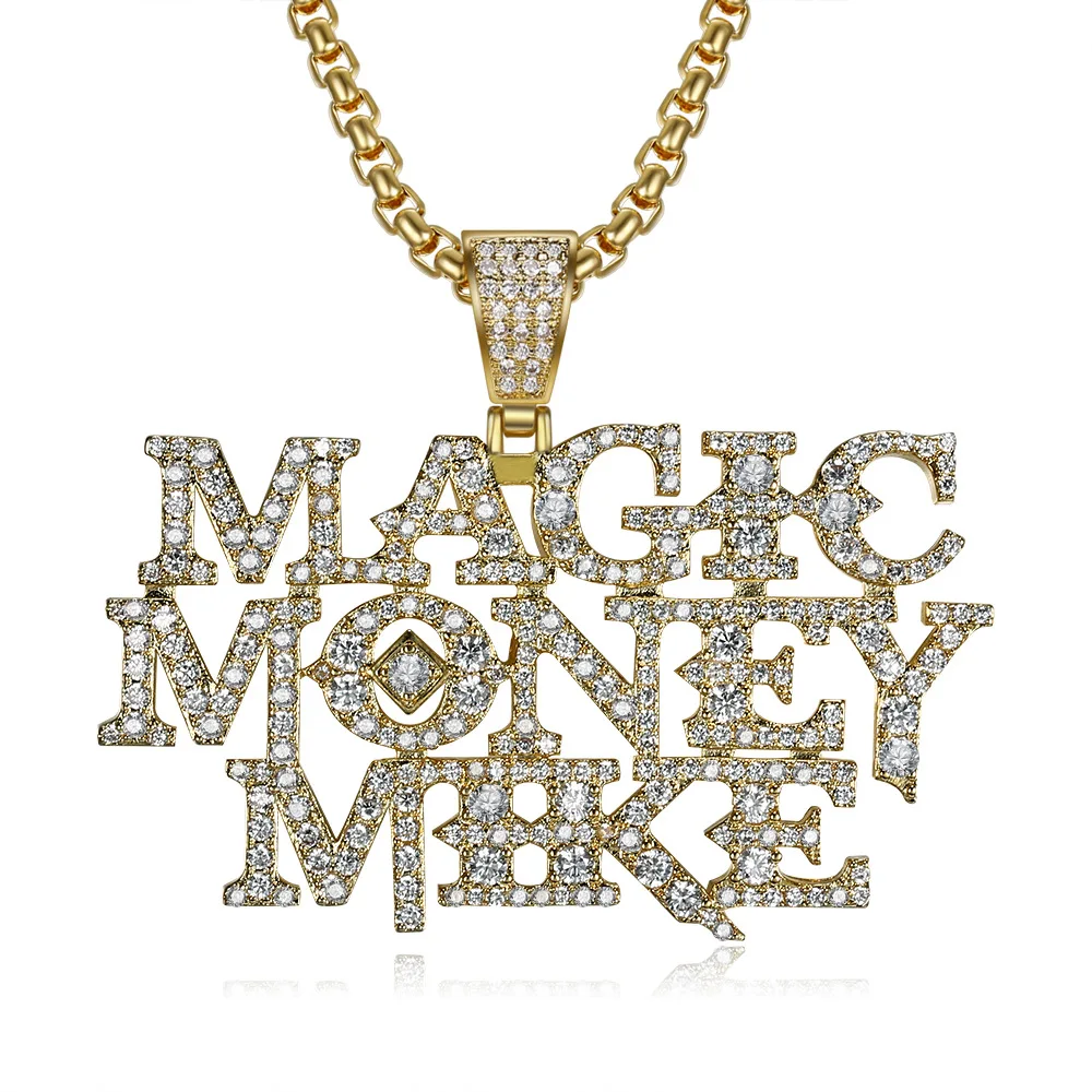 

Men Hip hop Iced out bling MAGIC MONEY MIKE letters Pendants necklaces Pave setting Cubic Zirconia charm hiphop necklace jewelry