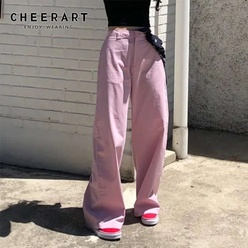 Брюки CHEERART женские с широкими штанинами хлопковые свободные розовые штаны