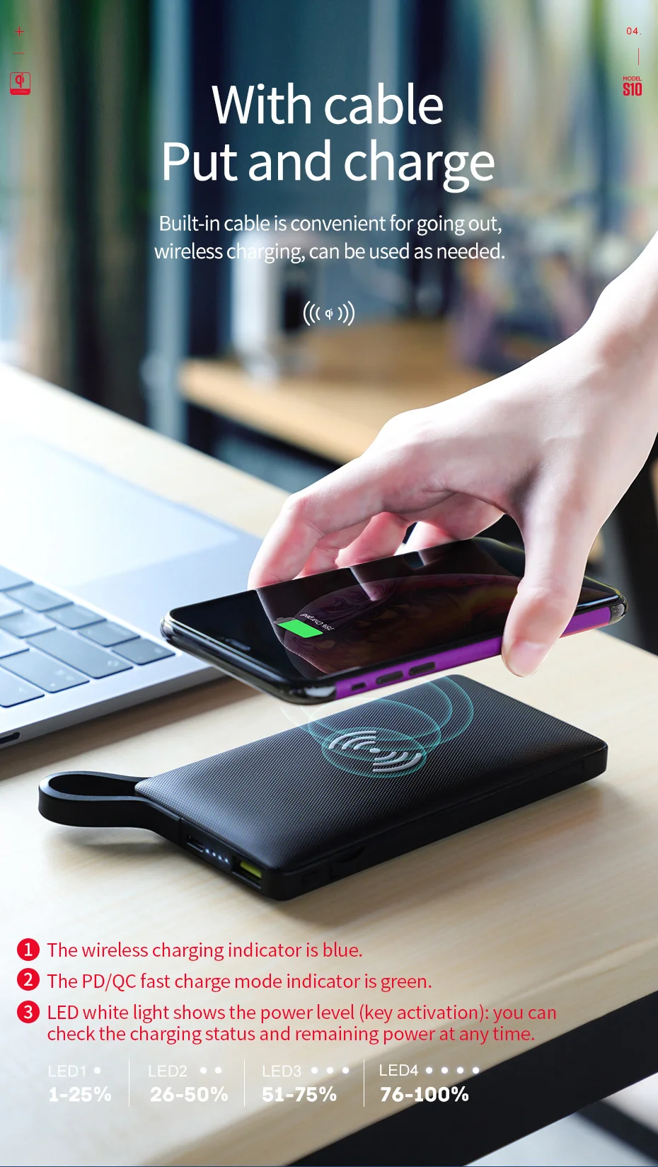 Hoco 3в1 QC3.0+ PD 18 Вт power Bank 10000 мА-ч, беспроводное зарядное устройство power bank с кабелем для iPhone X 11 Pro HUAWEI mate 30 быстрое зарядное устройство