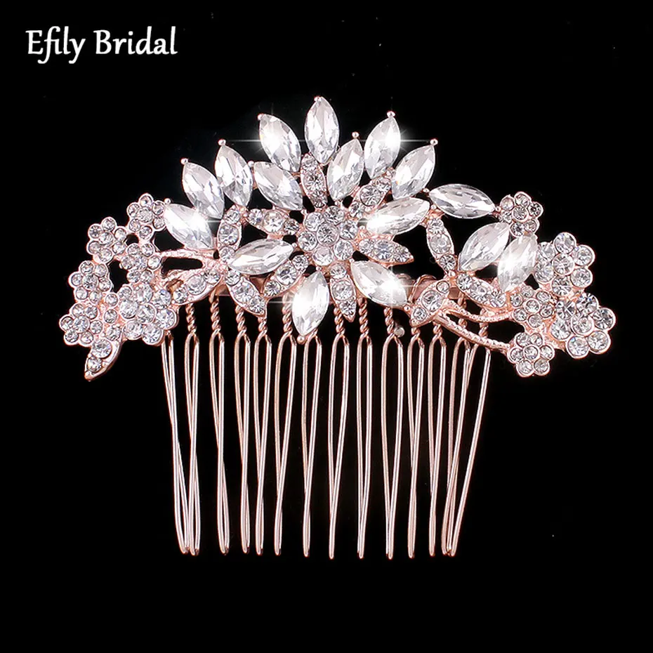 

Rose Gold Color Crystal Bridal Hair Comb Rhinestone Flower Clip Wedding Hair Accessories for Women Headpiece Jewelry Bridesmaid