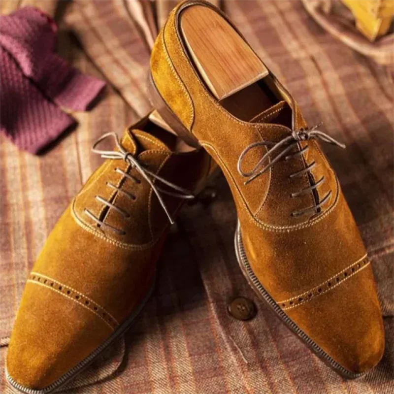 

Men's High-end Yellow Suede Classic Pointed Toe Lace-up Low-heel Comfortable Fashionable Casual All-match Oxford Shoes YX079