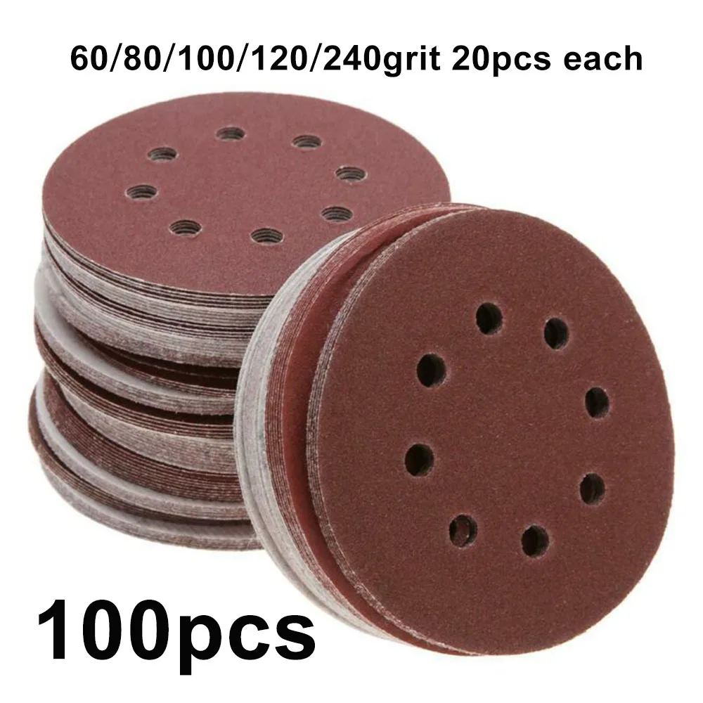 

100pcs Round Sandpaper Mix Grit Sander Discs Polishing Paper Pads 5 Inch Hook Loop 8 Hole Disk Buffing Sheets Abrasive Tool