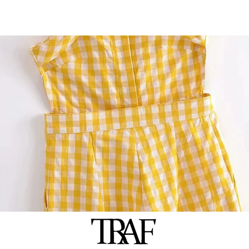 

TRAF Women Chic Fashion With Buttons Side Pockets Check Jumpsuits Vintage Backless Wide Straps Female Playsuits Mujer