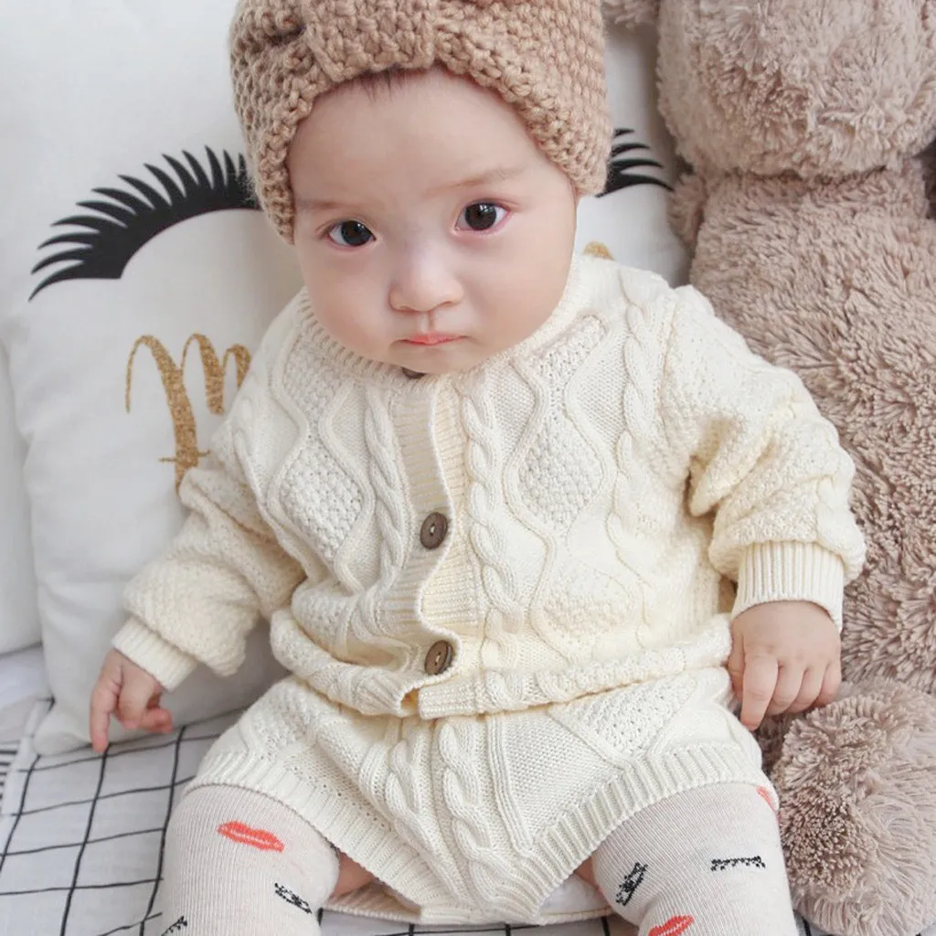 0-24M Knitting Girls Clothing Sets Pure Cotton Knit Suit Long Sleeved Jacket Shorts Two Pieces Girls Clothes Girls Clothing Sets