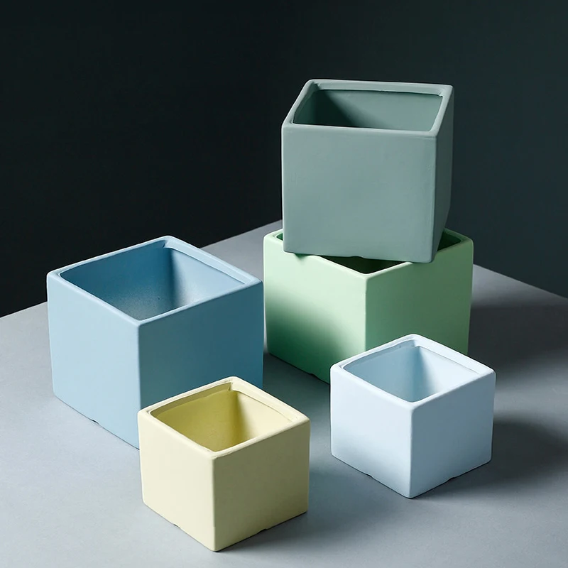 Nordic Industrial Style Colorful Ceramic Flower &amp Plant Pot Succulent Planter Green Cube Shape Flowerpot With Hole Matching Tray | Дом и
