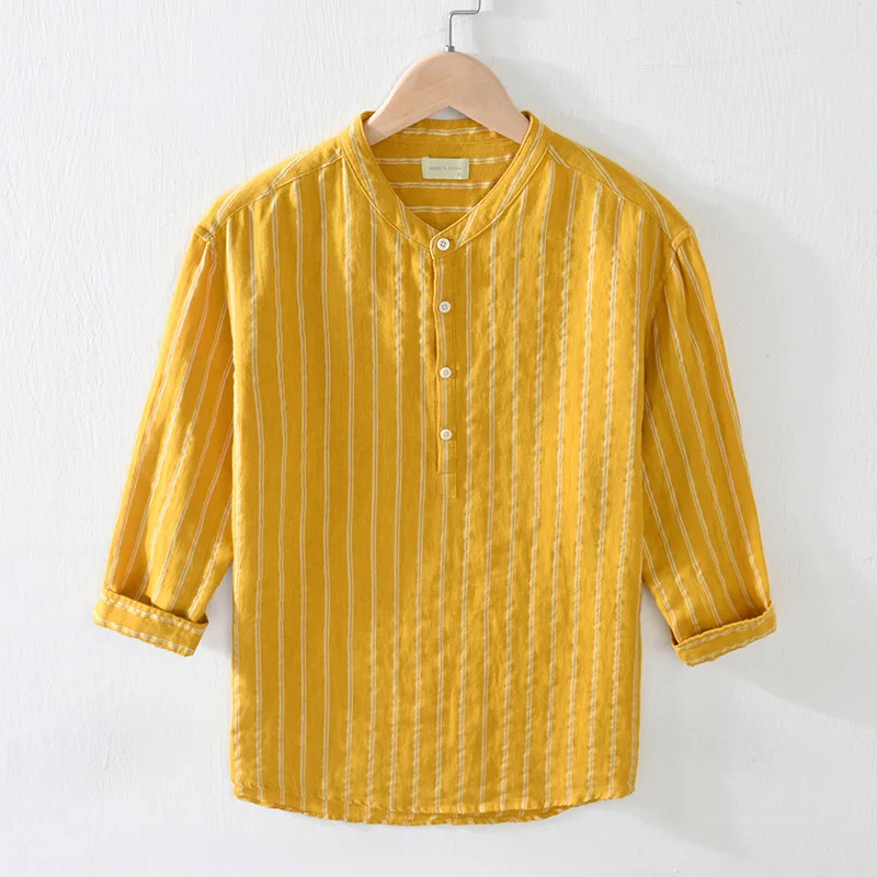 Мужская мода японский стиль чистый лен простой дизайн полосатый воротник стойка