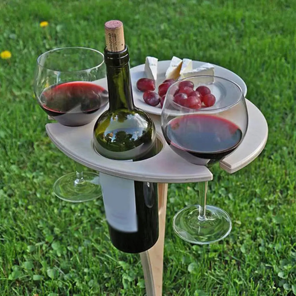 

Outdoor Portable Foldable Wine Table With Round Desktop Mini Wooden Easy To Carry Rack Picnic Party Travel Beach Entertaining
