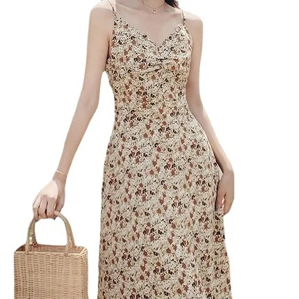 

New French Chiffon Floral Dress, 2021 Summer New Mid-length V-neck Suspender Skirt
