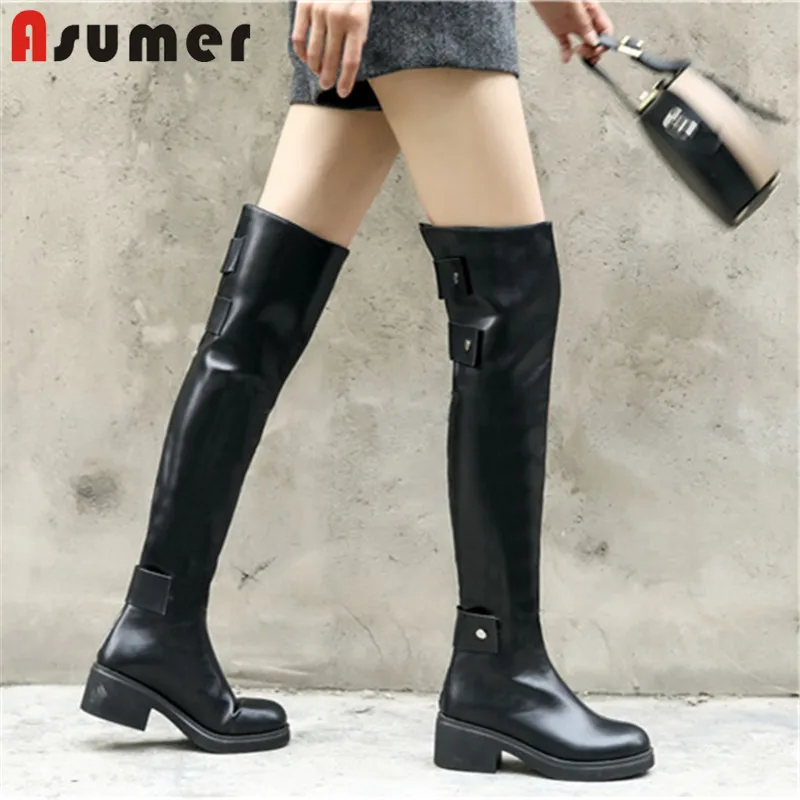 Женские ботфорты из искусственной кожи ASUMER с круглым носком на квадратном