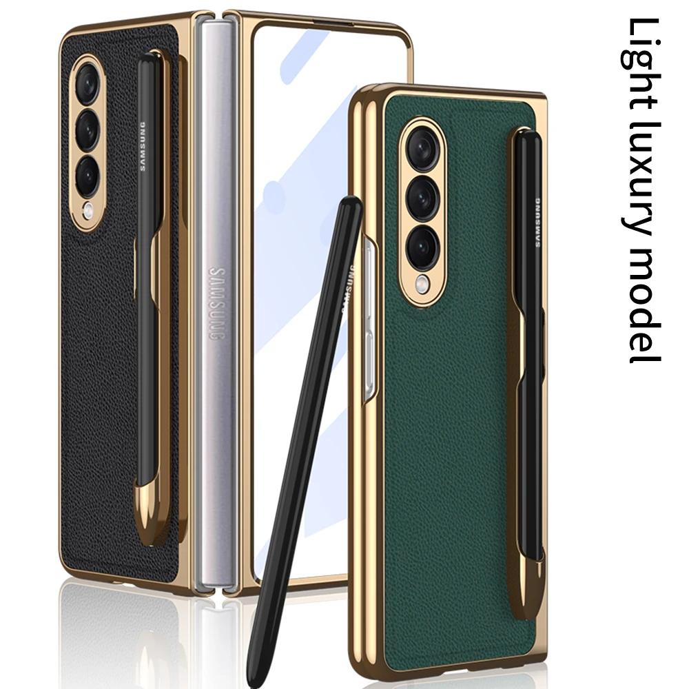 

Luxury Electroplated Case For Galaxy Z Fold 3 Leather case for Z Fold 3 With S-pen Socket Coque S Pen Slots Business Style