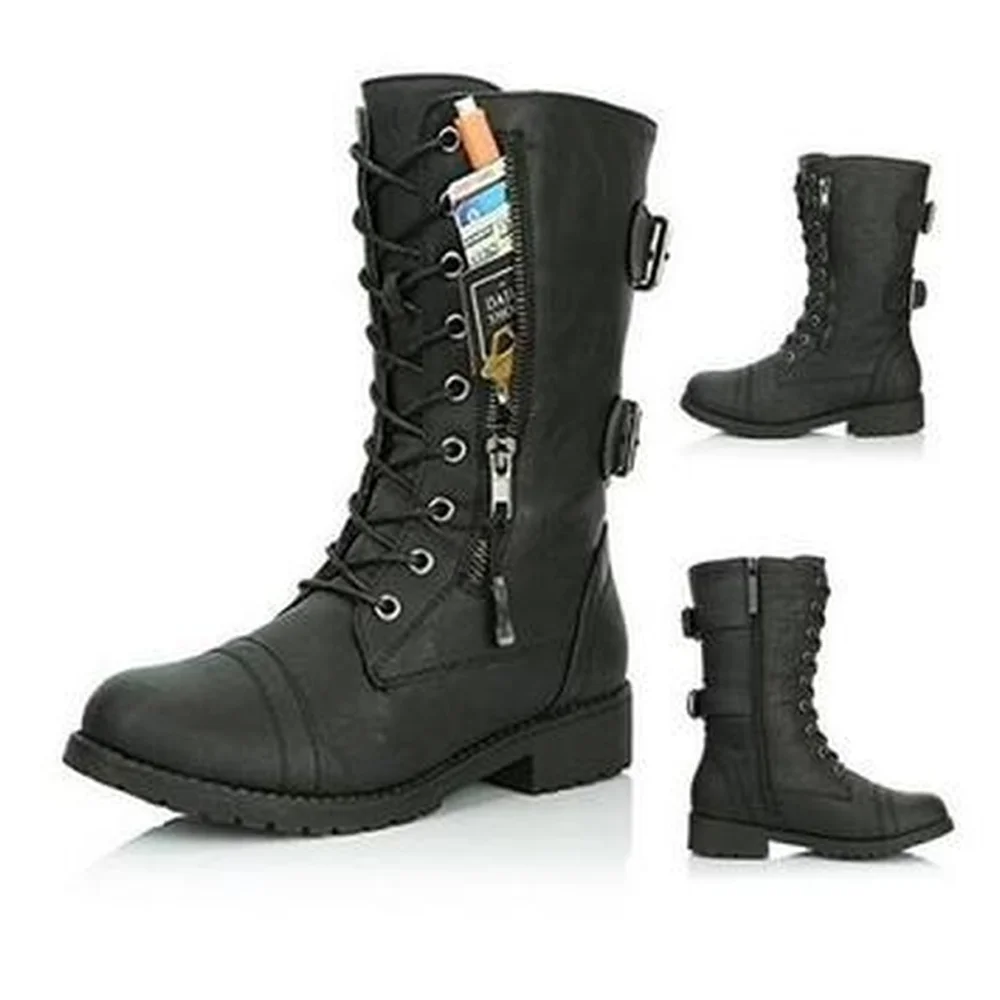 

Women Metal Buckle Mid-Tube Martin Boots