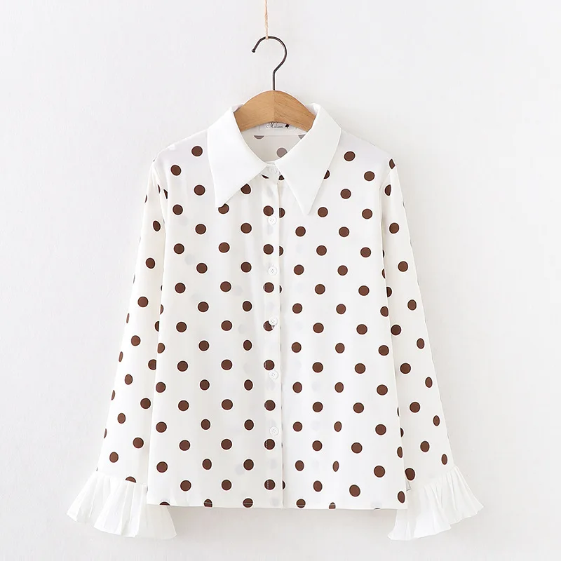 

Polka Dots Shirts Women Blouse Chiffon Preppy Style Turn Down Collar Long Ruffles Flare Sleeve Tops Fashion Chic Design Clothes