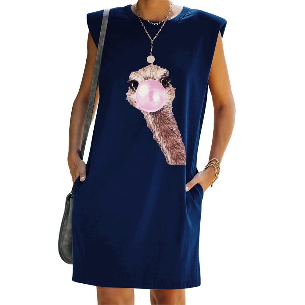 

Samdolly Kawaii Animals Printed Women Sleeveless Casual Dress Baggy Holiday Beach T-Shirt Sundress Loose Pocket Dresses