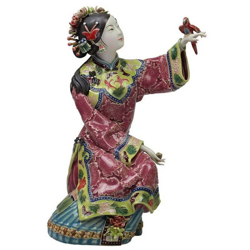 

Antique Chinese Porcelain Figurine Home Decor Statue Ceramic Classical Ladies Spring Parrot Craft Painted Art R2389