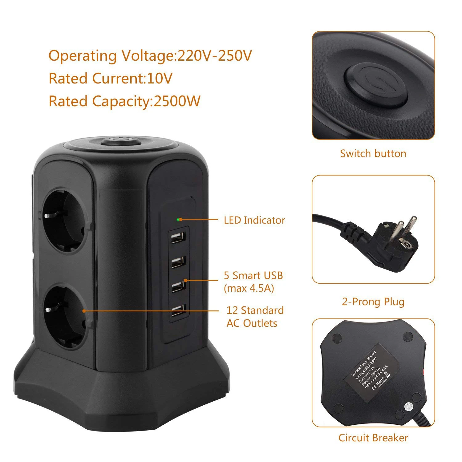 Мощность полосы Защита от всплесков напряжения несколько ЕС 4 розетки USB Socet с