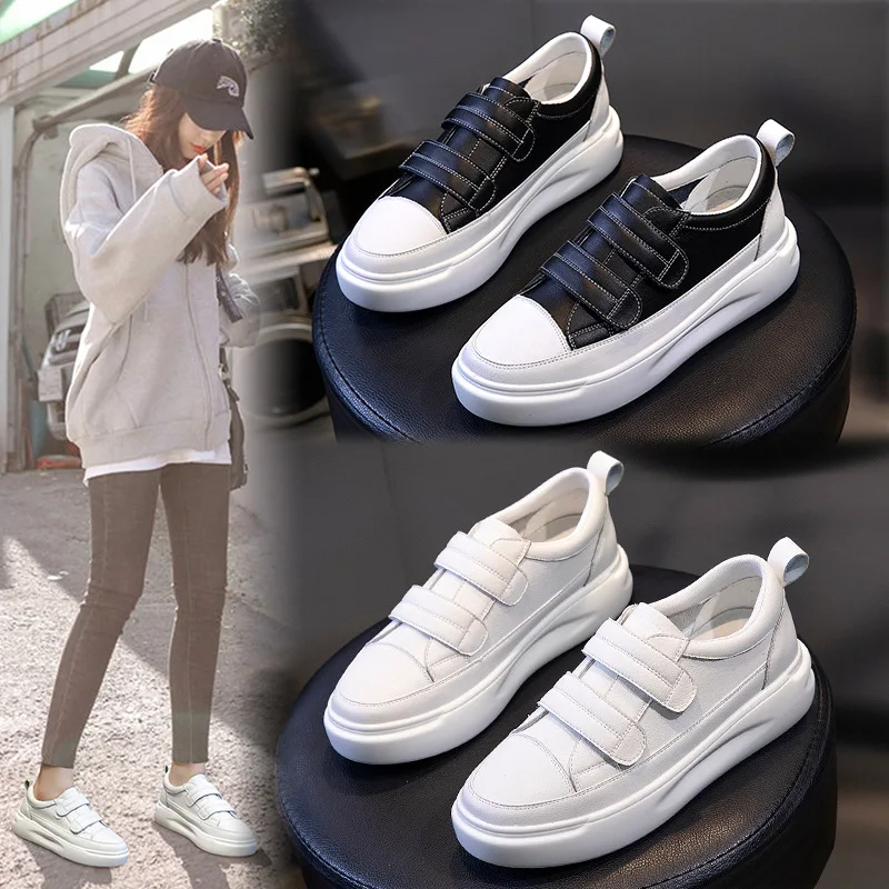 

White shoes autumn 2021 new love thick-soled shallow mouth leather women's shoes with velcro casual flat-soled shoes