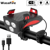 usb rechargeable bike light 3xpe led bicycle headlight 4 in 1 phone holder bell power bank bike horn lamp cycling flashlight