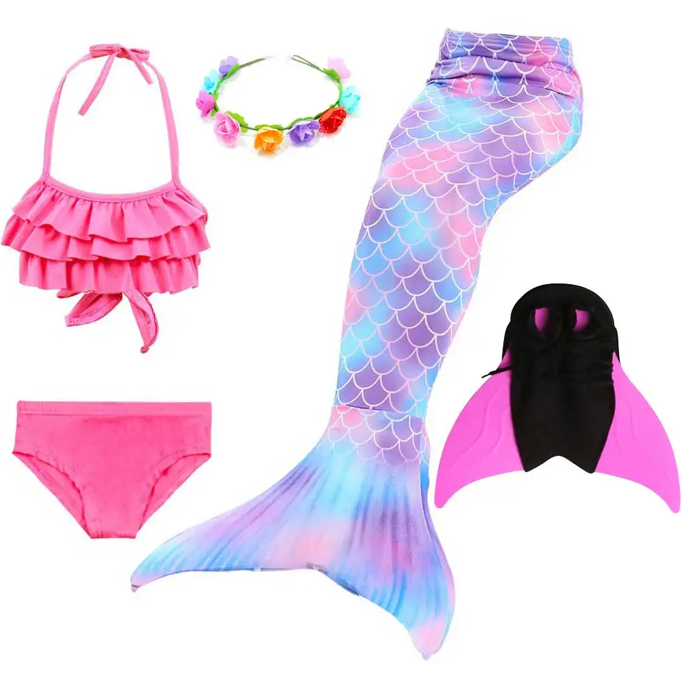 5pcs Set 3 Girls Walkable And Swimmable Mermaid Tail Swimsuit Cosplay Costume Kids Children Bikini And Sparkle Mermaid Swimtail - Цвет: 5pcs Set 3