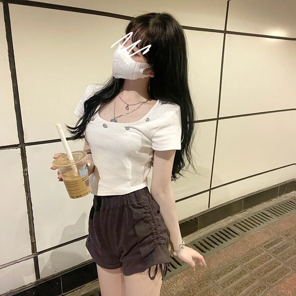 

Square Collar T Shirt Short Korean Fashion Solid Color Summer T Shirt Slim Classic Camisetas De Mujer Women Clothing DE50TX