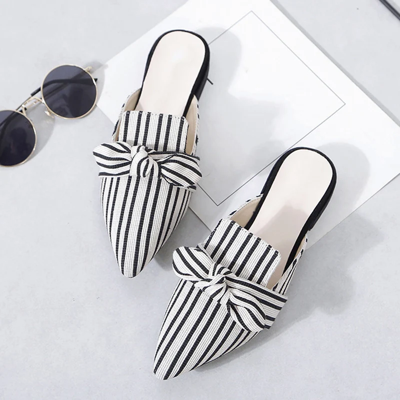 Женские шлёпанцы элегантные женские туфли с бантиком в полоску на не сужающемся