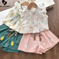 two piece girls clothing set summer 2022 baby girl pineapple print sleeveless o neck t shirts tops with shorts kids clothes suit