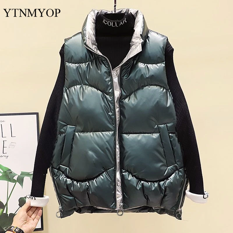 

YTNMYOP Shiny Fashion Vest Women Waterproof Sleeveless Jacket Coat High Street Stand Collar Short Waistcoat Outwear Female Tops