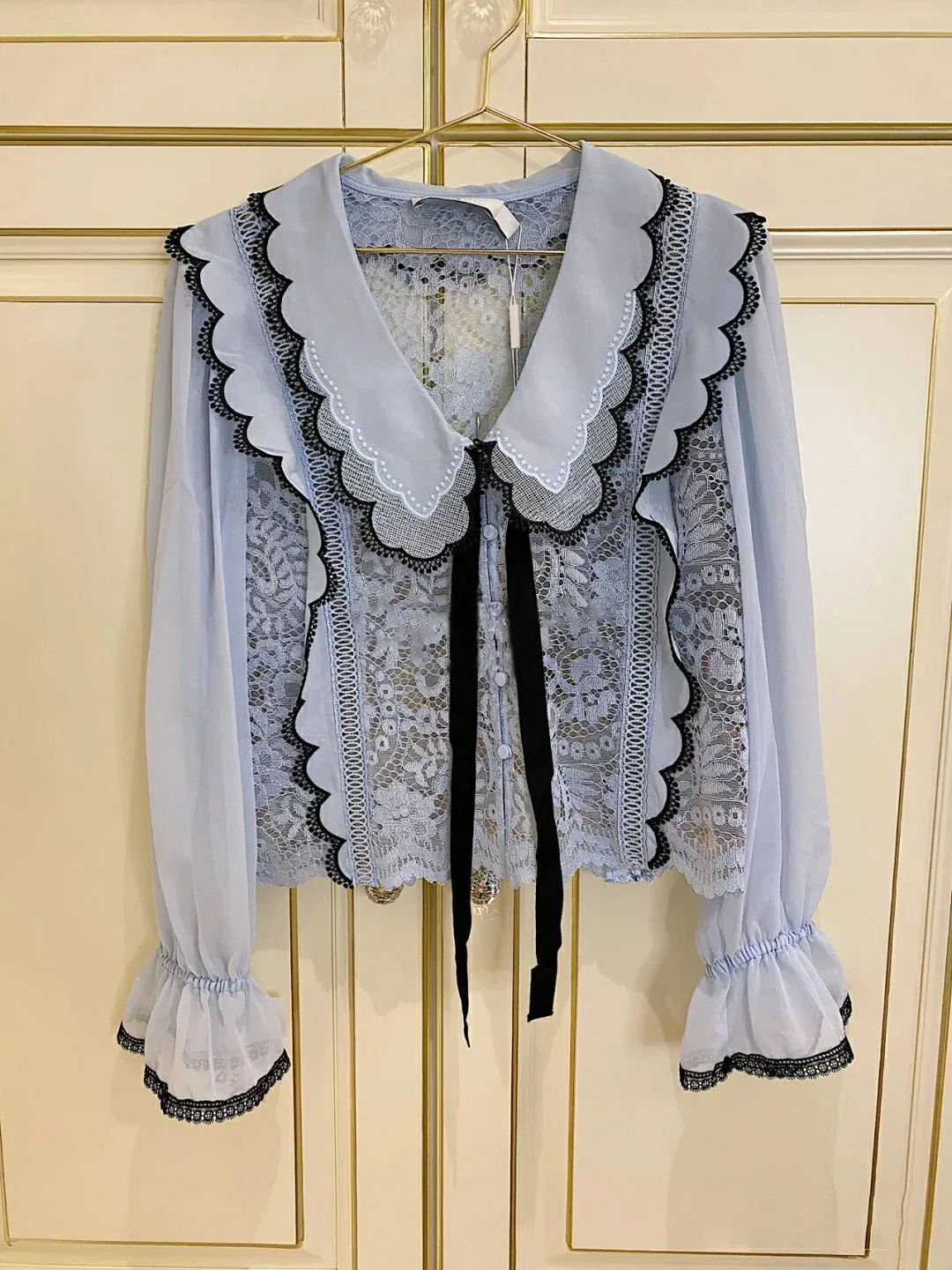 

Chiffon Long-Sleeved Blouse Women's 2021 Autumn Patchwork Flared Sleeves Bottoming Shirt Korean Fashion Hollowed-out Top