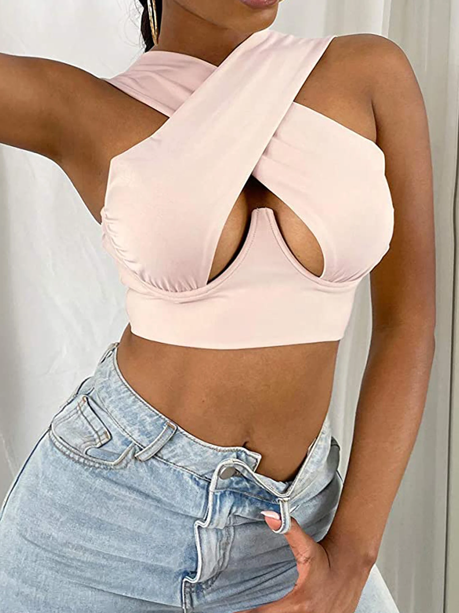 Женский летний ажурный жилет с перекрестными бретелями сексуальный однотонный