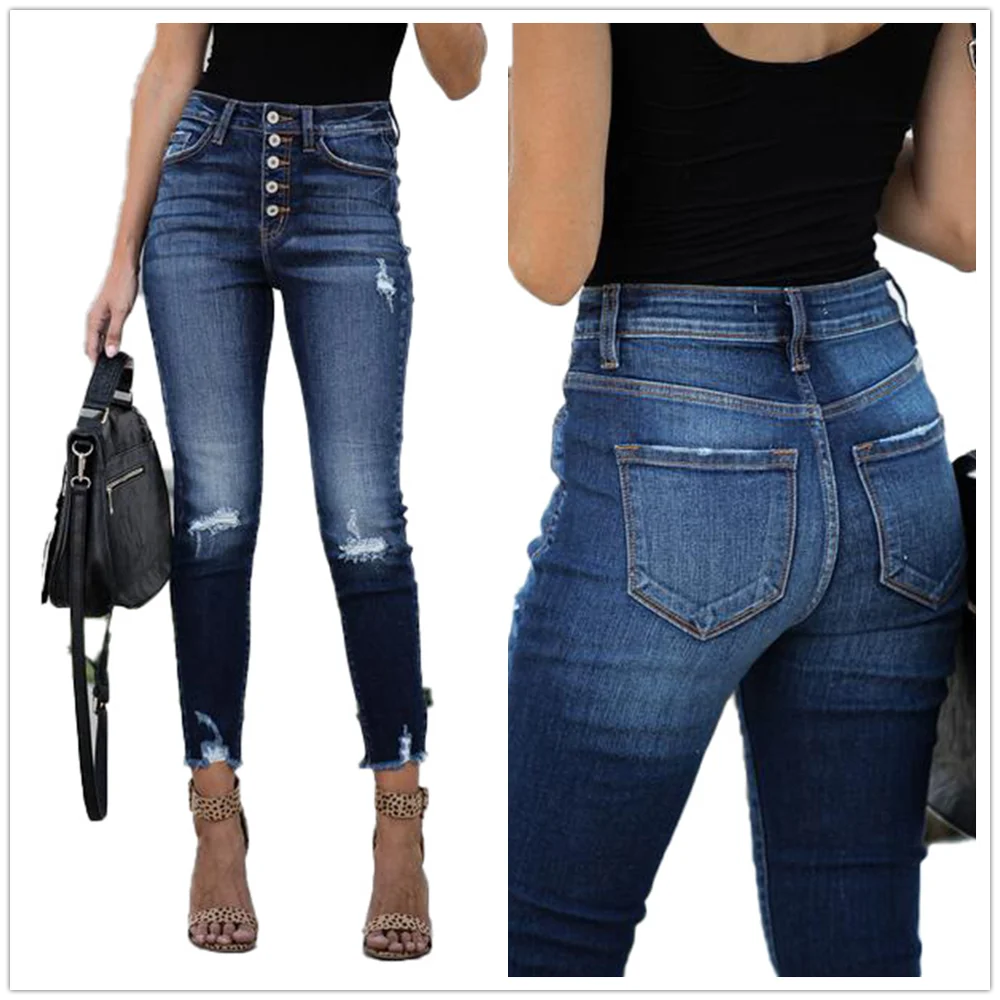 Новое поступление женские рваные джинсы с высокой талией модные Стрейчевые