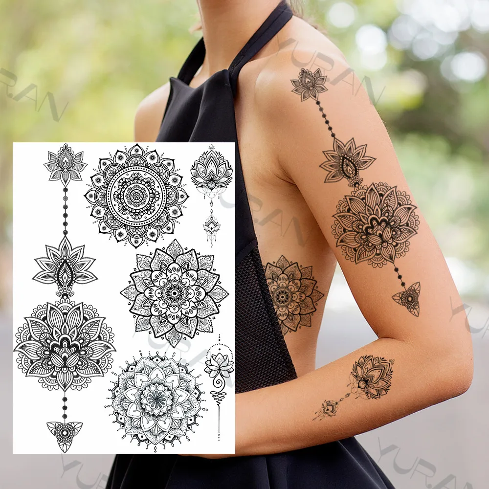YURAN Women Girl Big Arm Owl Fake Tattoo Temporary Henna India Tatoo Stickers Custom Mandala Flower Black Turtle Tattoos Lace | Красота и
