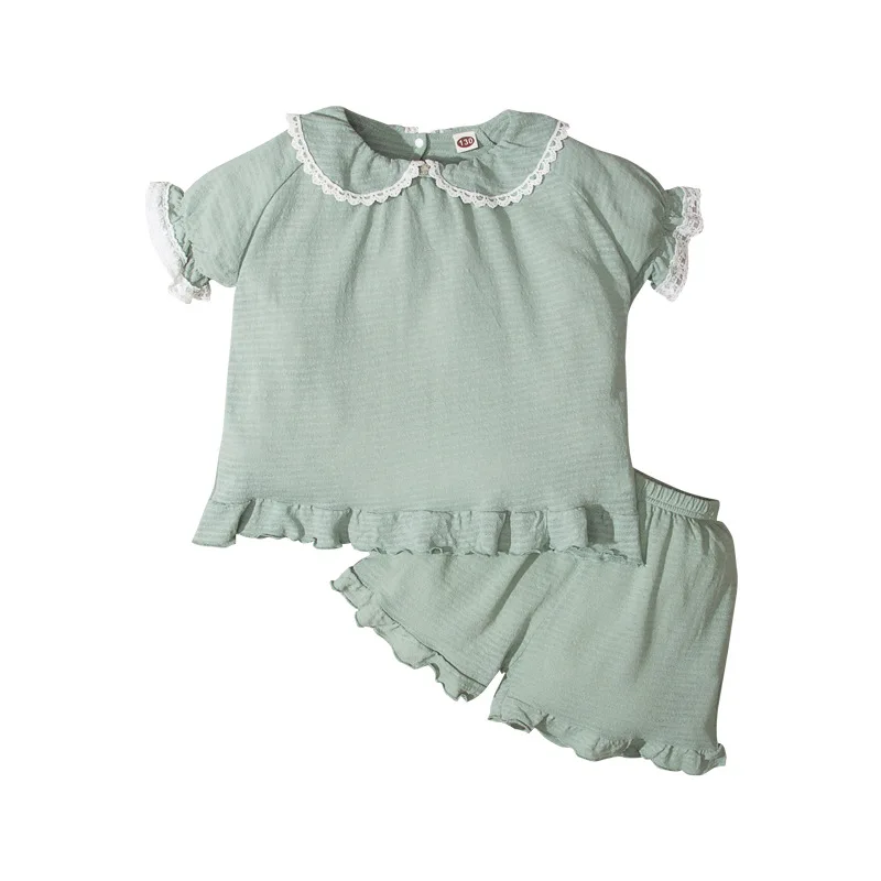

kids girls summer short sleeve solid Peter Pan collar tops T-shirts shorts pants children cotton casual clothes sets 5-12Y