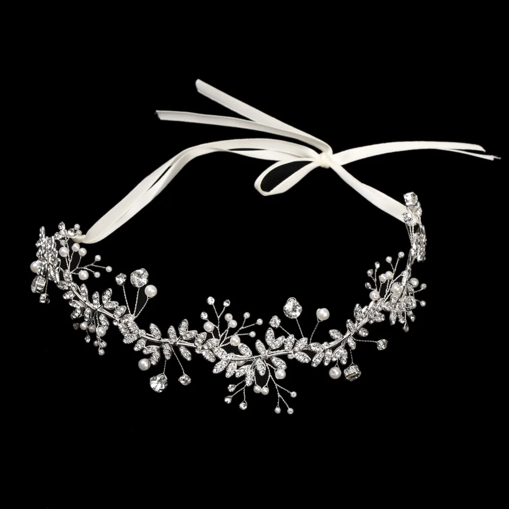 silver B Серебряная свадебная тиара с кристаллами, повязка на голову, украшенная бусинами, цветами, на выпускной, Свадебная лента для волос, золотой лист, жемчуг, головной убор невесты для женщин, ювелирные изделия для волос - Цвет: silver B