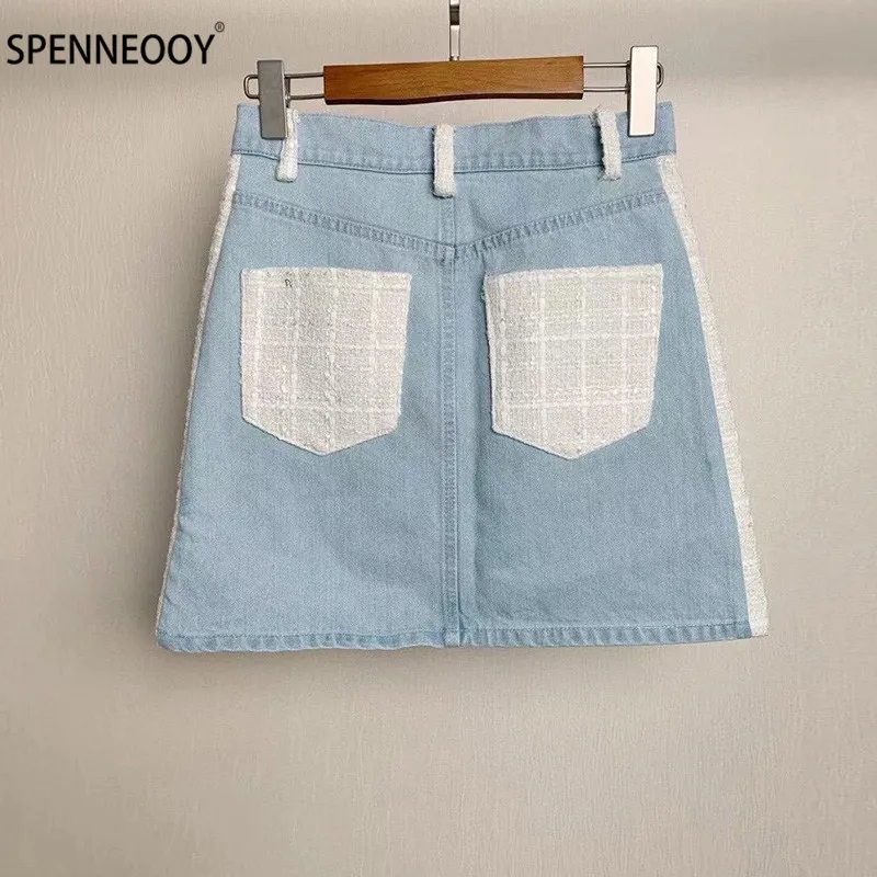 SPENNYMOOR 2021New Runway Brand Summer Mini Denim Skirt Women Crystal Button Tweed Patchwork Denim Skirt