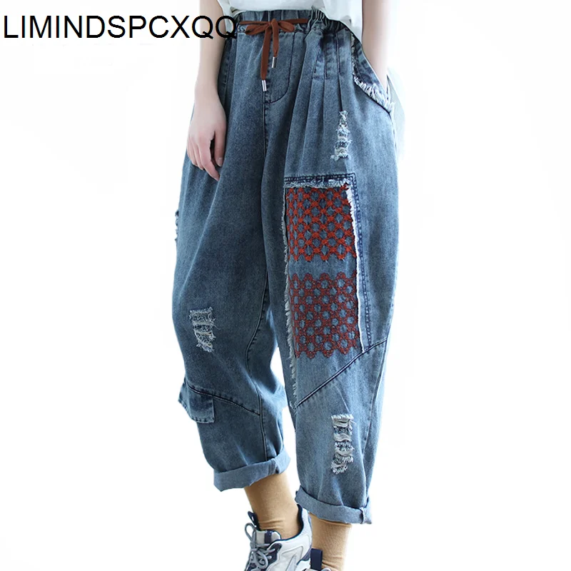 

LIMINDSPCXQQ Women's Printed Tear Jeans, Loose Stretch Jeans, Casual With Holes, Female Pants New Summer 2021High Waist Jeans