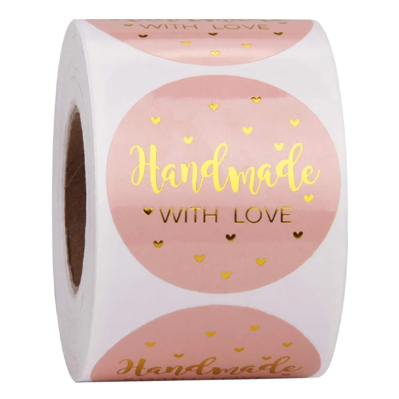 

500 Total Labels Handmade Business Gift Stickers - Pink with Gold Foil Sticker For Shopping Small Shop Local Handmade sticker