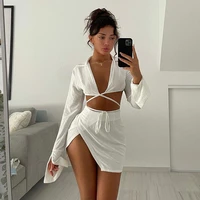 adogirl sexy summer women two piece sets long sleeve v neck crop top mini skirt suit fashion streetwer tracksuits outfits