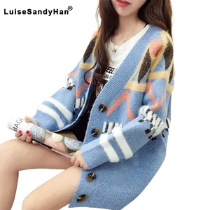 Женский свитер на пуговицах с длинным рукавом, вязаный кардиган в полоску, весна 2022, Новое поступление, большие хлопковые свитера