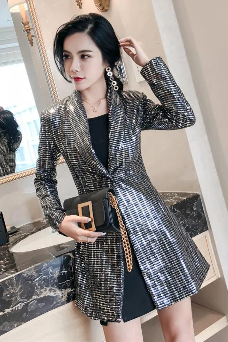 Новинка женское длинное пальто с золотыми блестками модная уличная одежда на