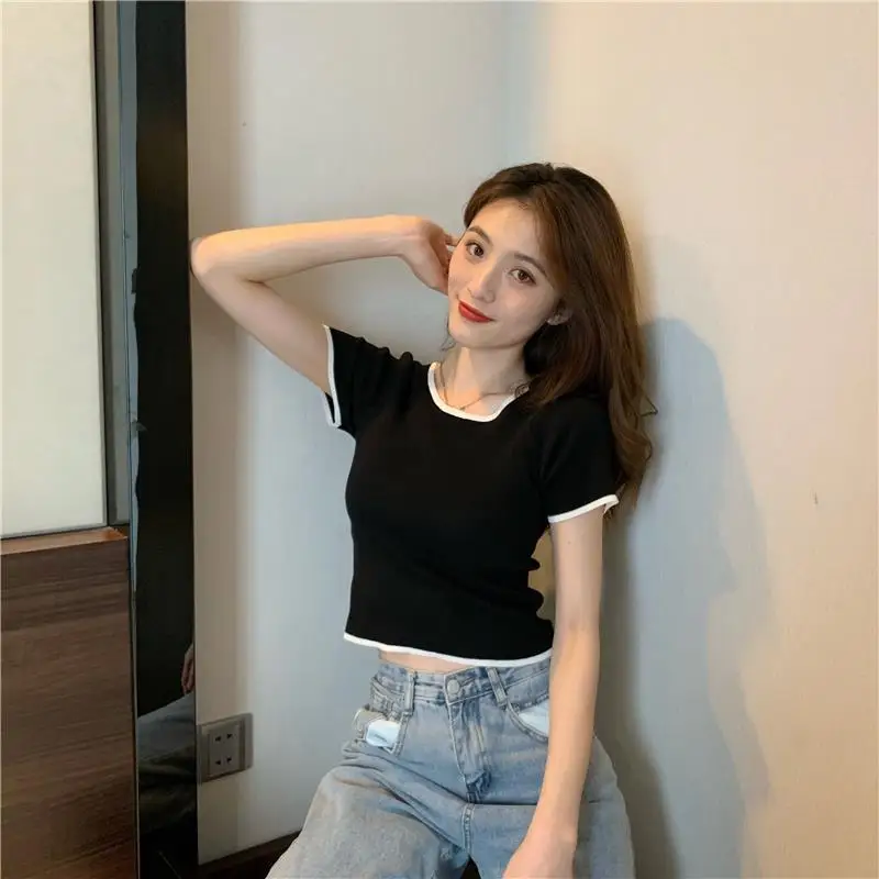 

Summer Slim All-Match Cute Short Sleeve T-Shirts Sweet Basic Solid Color Knitted Tops Korean Fashion Cropped Pullover Tees