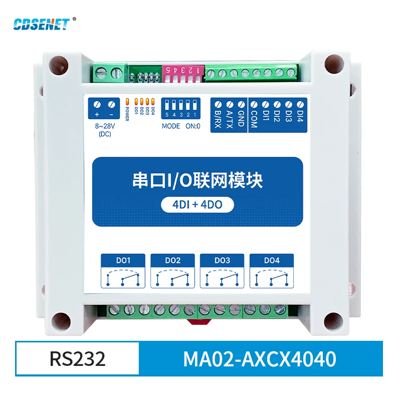 

ModBus RTU Serial IO Module RS232 Interface 4DI+4DO 4 Digital Outputs CDSENET MA02-AXCX4040 Rail Installation 8~28VDC