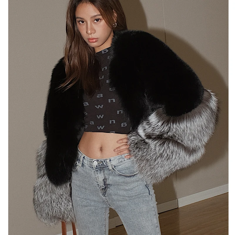 Fashion Women Real Fox Fur Jacket Short Women Outwear High Qualuty Natural Whole Skin Genuine Fur Coat With Silver Fox Fur Cuff