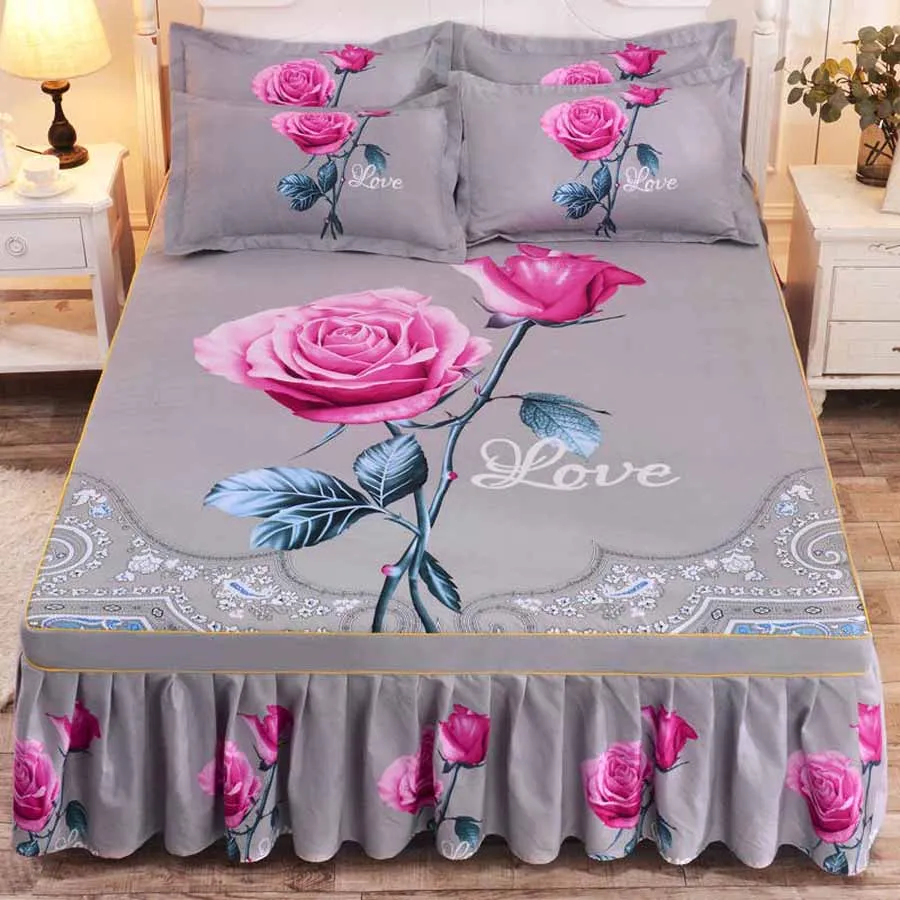 

WOSTAR 1pc Thickened Sanding Bed Skirt Bedspread Rose printed Wedding Fitted Sheet Cover Soft home textiles King size bed Sheet