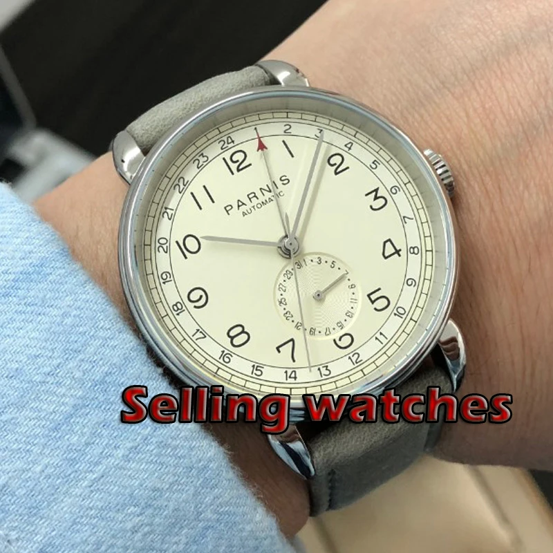 Новые серебристые мужские часы Parnis 42 мм GMT с кожаным ремешком арабскими марками и