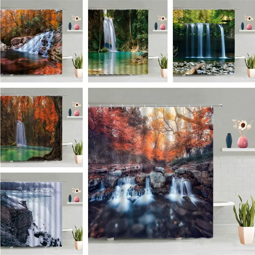 

Waterfall Mountain Forest Shower Curtain Flowing Water Nature Scenery Modern Hanging Curtains Waterproof Bathroom Home Decor Set