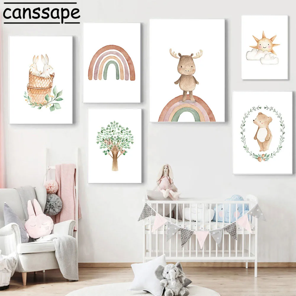 Постер на стену для детской картины дереве солнце радуга художественный принт