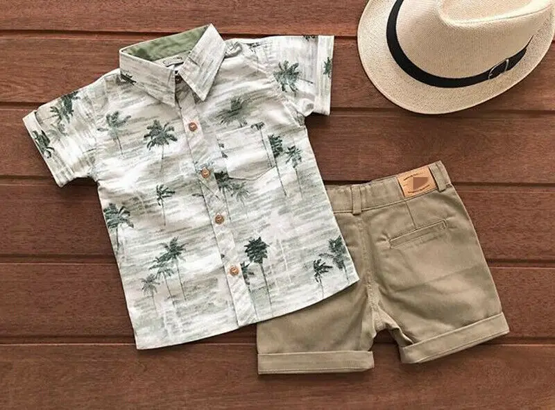 Летние Повседневное Одежда для маленьких мальчиков, детей короткий рукав Цветочная рубашка, топы+ комплект с короткими штанами, одежда