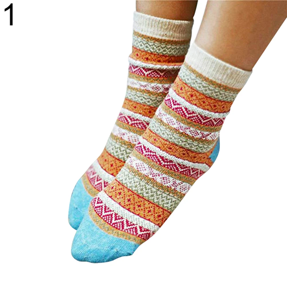 Винтажные зимние женские толстые теплые вязаные шерстяные цветные носки средней